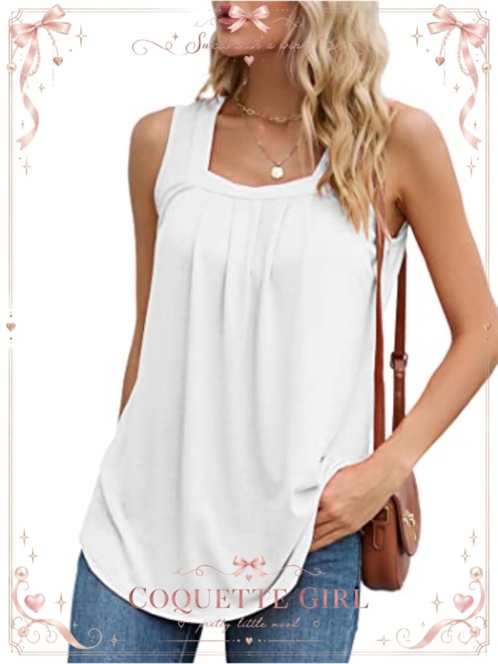 Women's Loose Pleated Square Neck Sleeveless Tank Top Flowy Tunic
